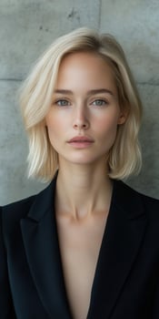 Professional portrait of a woman with blonde hair against a textured wall photo