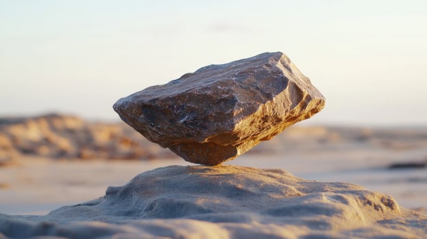 Suspended rock balances on sandy surface at sunset on a beach photo
