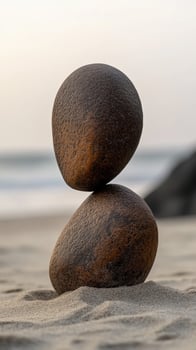 Balanced stones create striking natural sculpture on sandy beach at sunset photo