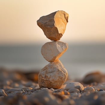 Natural balance of stones stacked on a beach during sunset photo