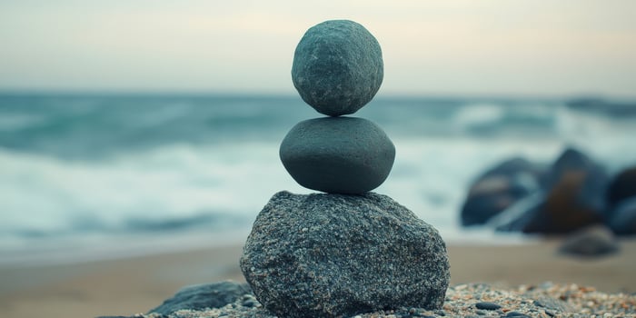 Balanced stones on the beach during sunset create a serene atmosphere photo
