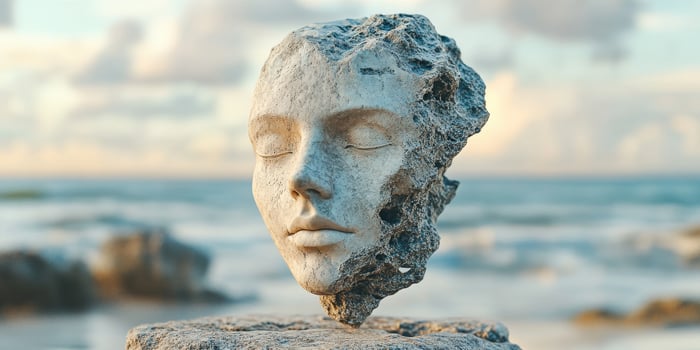 Sculpture of a serene face over the ocean during golden hour photo