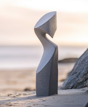 Unique abstract sculpture on sandy beach during golden hour light photo