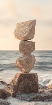 Balancing stones at the beach during sunset creates a peaceful atmosphere photo