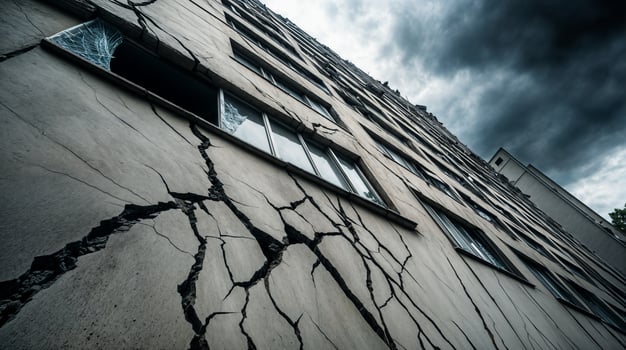 Damaged building facade crumbling after earthquake under dark clouds photo