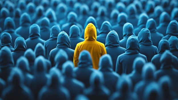 A single, bright yellow figure stands out remarkably against a vast sea of blue figures, powerfully symbolizing individuality and uniqueness amidst a backdrop of conformity and sameness photo