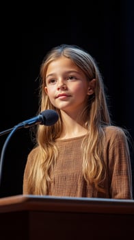 Young girl speaking at podium with microphone photo