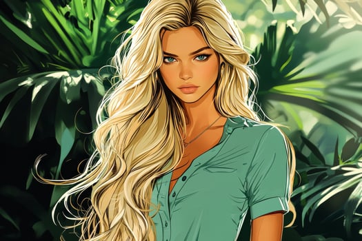 A beautiful blonde woman in a green shirt photo