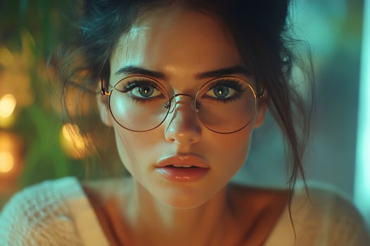 A woman with glasses and a white sweater photo