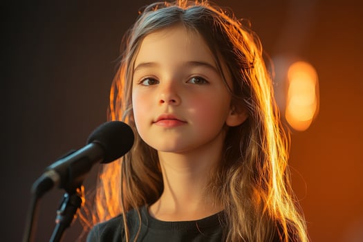 A young girl is singing into a microphone photo