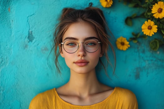 A woman with glasses and yellow shirt photo