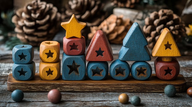 Wooden toys with christmas decorations on a wooden table photo