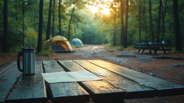 A map and a cup sit on a table in the woods photo