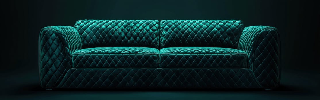 Elegant teal velvet couch with diamond pattern in modern setting photo
