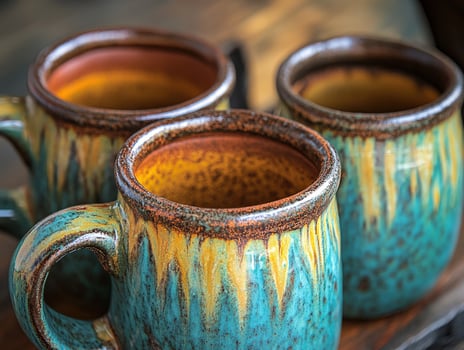 Unique handcrafted mugs displayed on a rustic table for a cozy setting photo