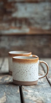 Ceramic mugs resting on a rustic wooden table in a cozy setting photo