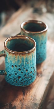 Unique handcrafted ceramic mugs on a rustic wooden table photo