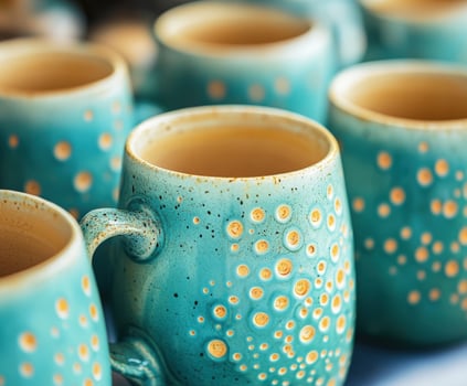 Unique handcrafted pottery mugs displayed in a vibrant setting photo