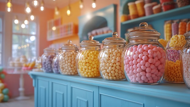 Playful candy shop setup jars of colorful treats lollipops and confections in a whimsical design photo