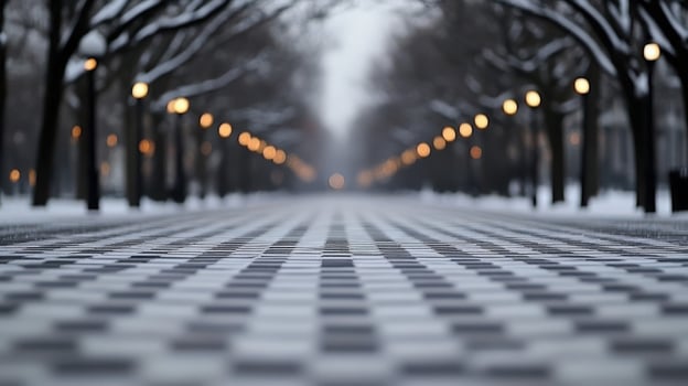 Snow-covered pathway lined with lights amidst bare trees in winter photo
