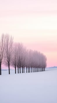 Winter sunset over a row of bare trees in snowy landscape photo