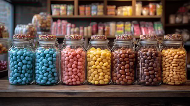 Candy store shelves jelly beans caramel candies and sugar sticks in vibrant glass jars photo