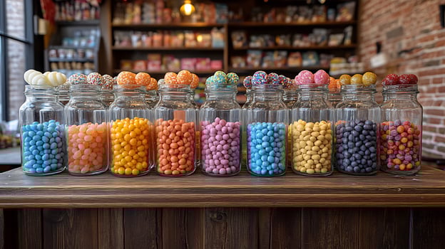 Candy shop display jars of colorful jelly beans lollipops and sugar sticks on rustic wooden shelves photo