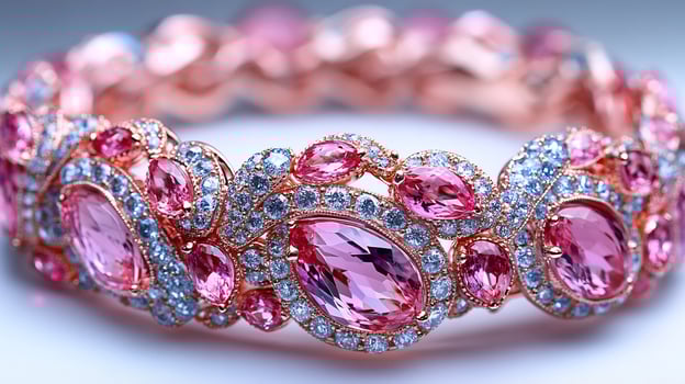 Bracelet adorned pink tourmalines and topaz stones in an abstract pattern a vibrant accessory for contemporary fashion or heartcentered energy work closeup shot on a pristine white background photo
