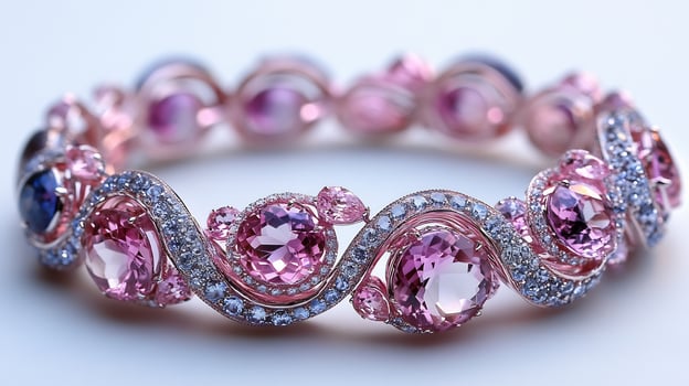 Bracelet adorned pink topaz and moonstones in a delicate swirl closeup view capturing the intricate craftsmanship on a clean white background photo