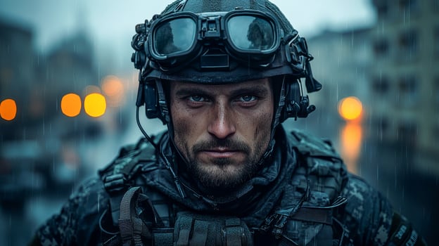 Special Forces operative in black combat uniform and night vision goggles on his helmet photo