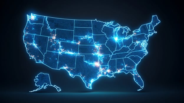 Neon light map showcasing the United States with illuminated cities and states in a vibrant, modern design that highlights the interconnectedness across the nation photo