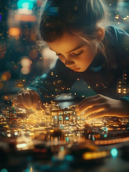 Young girl assembling glowing futuristic city model with intricate detail and creative lighting indoors photo