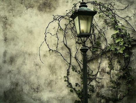 Enchanting vintage street lamp entwined with ivy against green wall at twilight photo