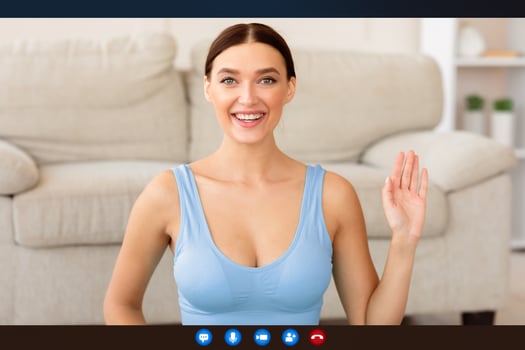 Online Fitness. Sporty Blogger Girl Waving Hello Smiling From Computer Screen Training At Home. Collage photo