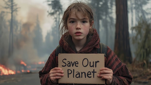 Young protestor holding sign Save Our Planet smoke filled forest, highlighting urgent need for climate action amidst wildfire photo