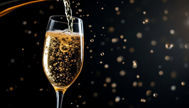 Golden Bubbles, A Festive Champagne Pour with Sparkling Bokeh Against a Dark Background photo
