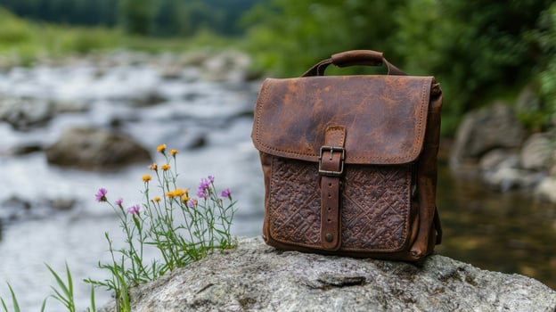 Brown leather backpack on a rock near a river photo