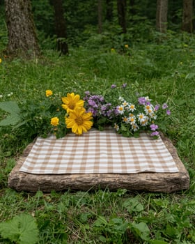 Wildflowers on a rustic wooden table in a forest setting photo