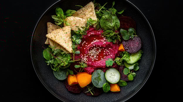 Vibrant beetroot hummus bowl with crunchy tortilla chips and fresh vegetables photo