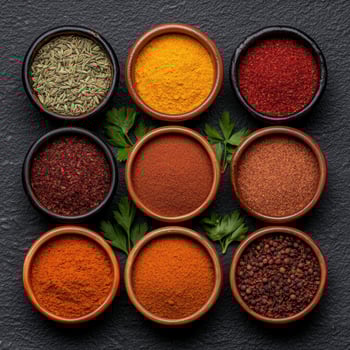 Spices in bowls on dark background photo