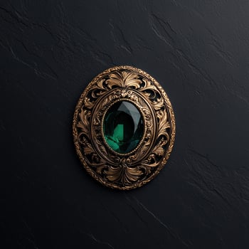 Ornate gold brooch with green gemstone on dark background photo