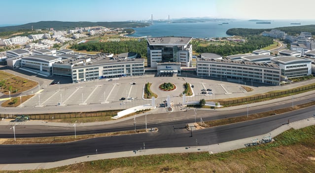 A drone view of the main entrance of the university photo