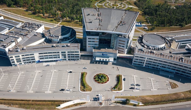 A drone view of the main entrance of the university photo