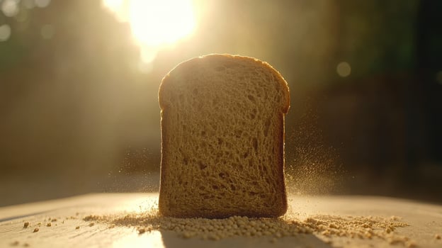 Freshly baked bread slice illuminated by sunlight, surrounded by grains, creating warm and inviting atmosphere photo
