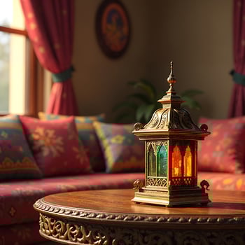 Indian Brass Lantern with Elephant Motifs and Vibrant Glass photo