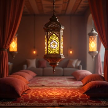 Middle Eastern Lantern with Arabesque Patterns in a Luxurious Tent photo
