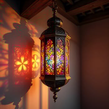 Moroccan Lantern with Multicolored Stained Glass Panels photo