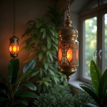 Moroccan Lantern with Jewel-Toned Glass Amidst Lush Plants photo