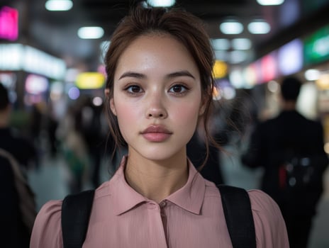Young woman in pink shirt looking at the camera photo