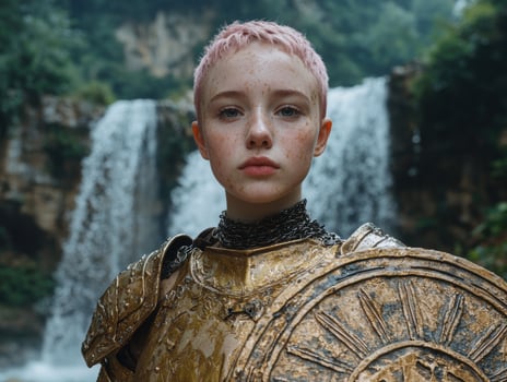 Young female warrior in golden armor stands before a waterfall photo